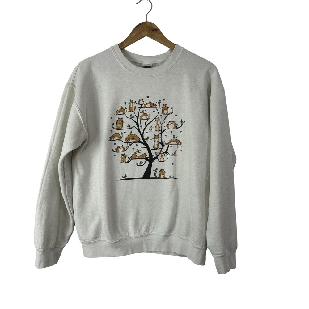 Vtg 90s Cats in a Tree Birds Sweatshirt Funny Humor Crewneck M‎ White Pullover